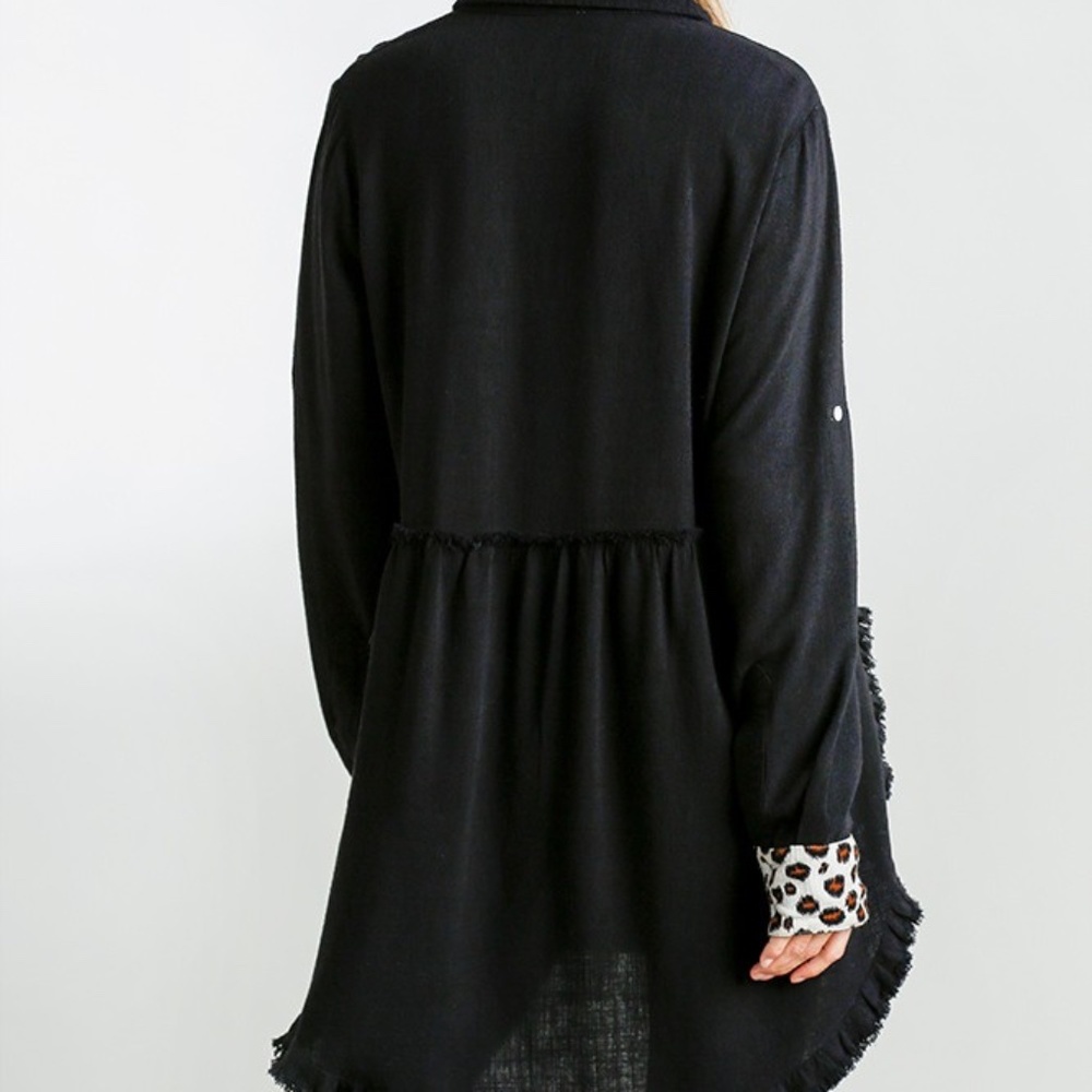 Umgee Black Boho Tunic Top | NWT | Leopard Trim | Hi Low | Sizes S M L - Picture 4 of 9